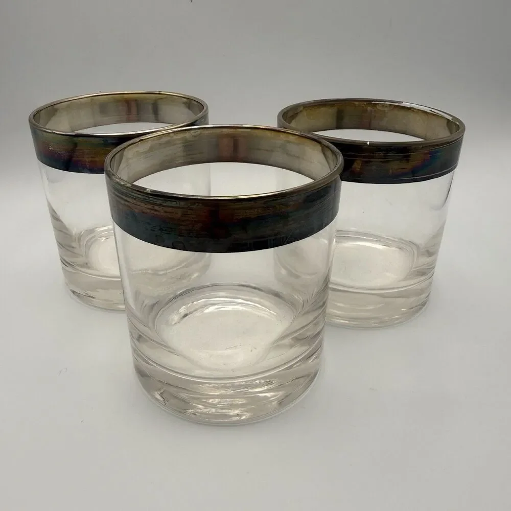 Set 3 Vintage Mid Century Silver Rim Rocks Glasses Whiskey Cocktail Thorpe Style